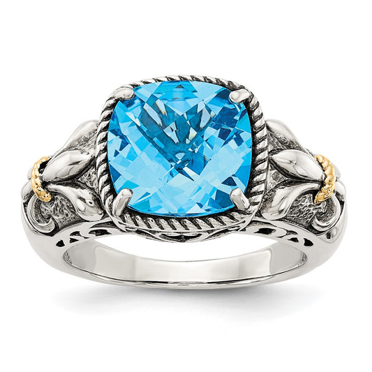 14K/Silver Two Tone Shey Couture Sterling Silver With 14K Accent Antiqued Cushion Checkerboard Blue Topaz Ring