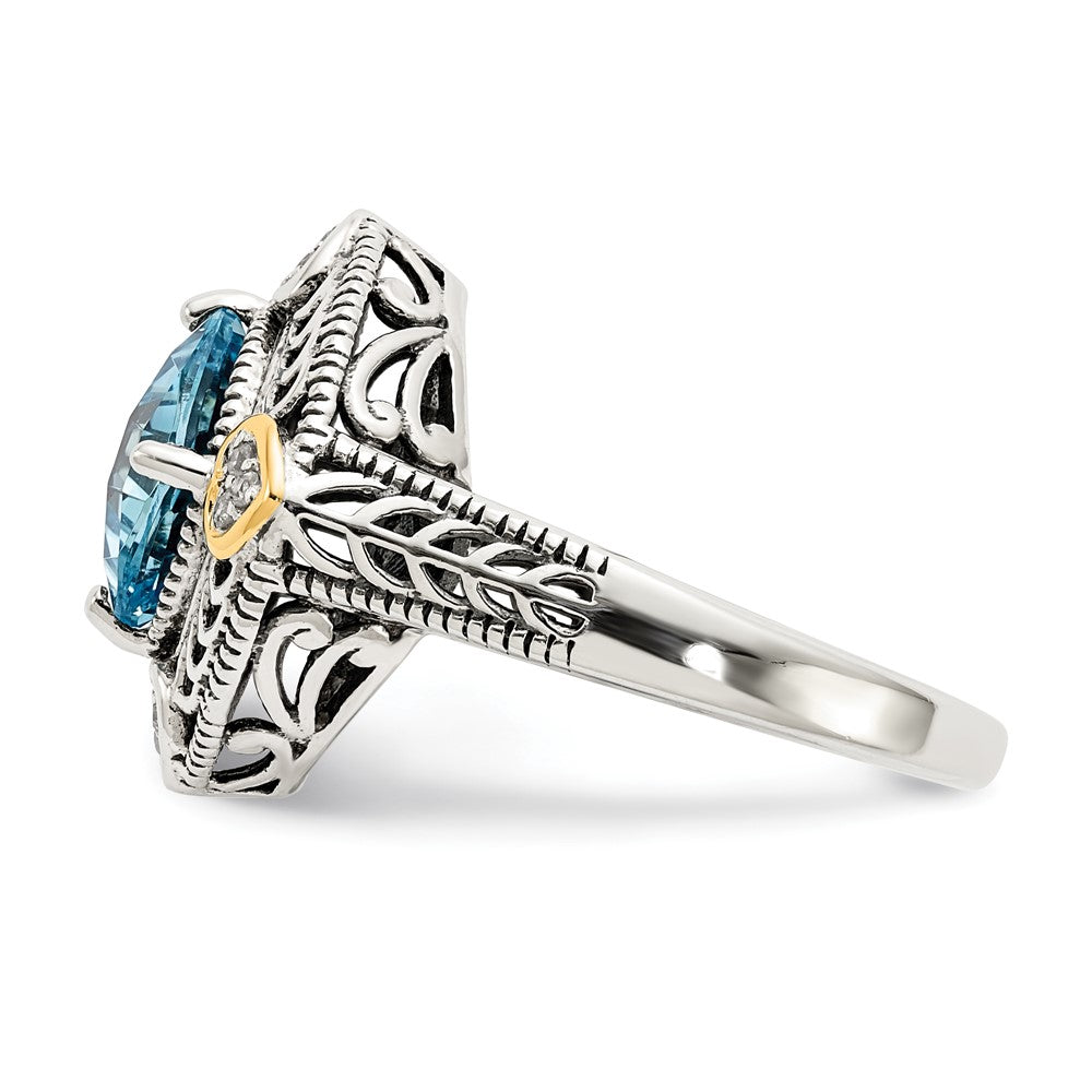 14K/Silver Two Tone Shey Couture Sterling Silver With 14K Accent Antiqued Diamond And Cushion Blue Topaz Ring