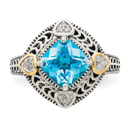 14K/Silver Two Tone Shey Couture Sterling Silver With 14K Accent Antiqued Diamond And Cushion Blue Topaz Ring