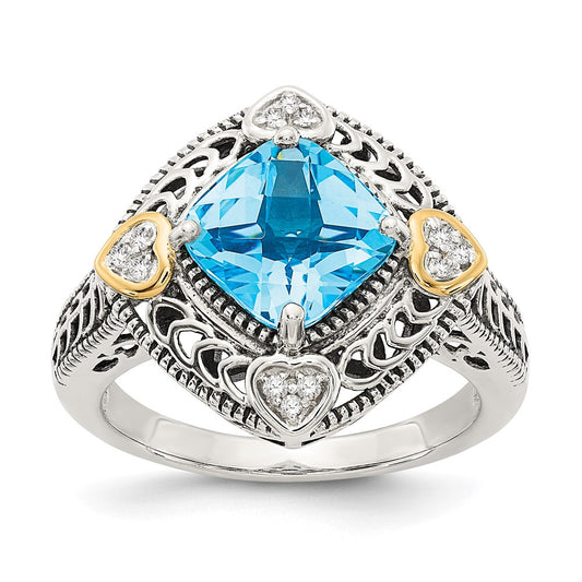 14K/Silver Two Tone Shey Couture Sterling Silver With 14K Accent Antiqued Diamond And Cushion Blue Topaz Ring