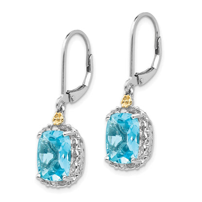 14K/Silver Two Tone Shey Couture Sterling Silver Rhodium Plated With 14K Accent Recangular Blue Topaz Leverback Dangle Earrings