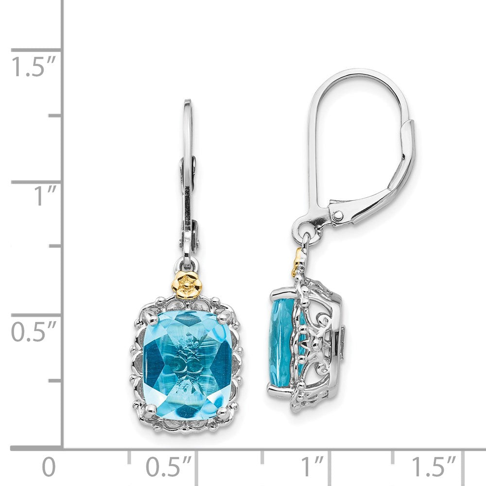 14K/Silver Two Tone Shey Couture Sterling Silver Rhodium Plated With 14K Accent Recangular Blue Topaz Leverback Dangle Earrings