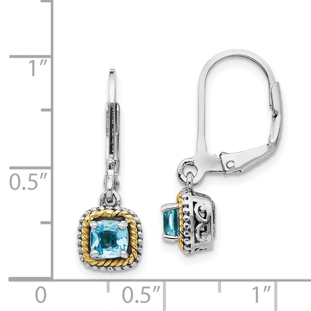14K/Silver Two Tone Shey Couture Sterling Silver With 14K Accent Antiqued Cushion Blue Topaz Leverback Dangle Earrings