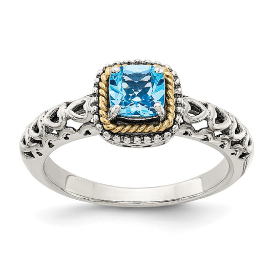 14K/Silver Two Tone Shey Couture Sterling Silver With 14K Accent Antiqued Cushion Blue Topaz Ring
