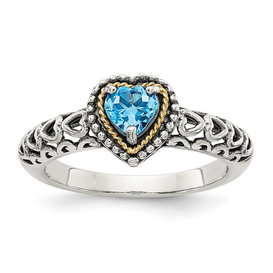 14K/Silver Two Tone Shey Couture Sterling Silver With 14K Accent Antiqued Blue Topaz Heart Ring