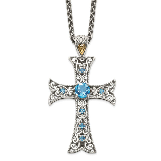 14K/Silver Two Tone Shey Couture Sterling Silver Rhodium Plated With 14K Accent 18 Inch Antiqued Round Blue Topaz Cross Necklace
