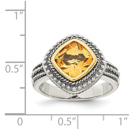 14K/Silver Two Tone Shey Couture Sterling Silver With 14K Accent Antiqued Cushion Bezel Citrine Ring