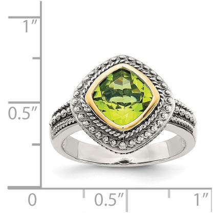 14K/Silver Two Tone Shey Couture Sterling Silver With 14K Accent Antiqued Cushion Bezel Peridot Ring