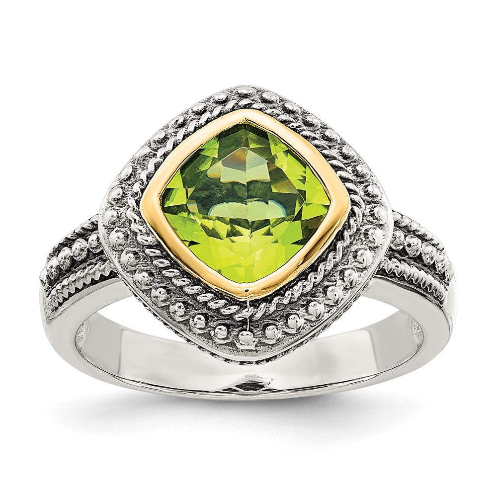 14K/Silver Two Tone Shey Couture Sterling Silver With 14K Accent Antiqued Cushion Bezel Peridot Ring