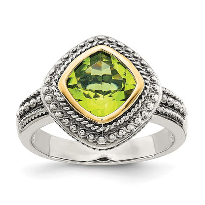 14K/Silver Two Tone Shey Couture Sterling Silver With 14K Accent Antiqued Cushion Bezel Peridot Ring