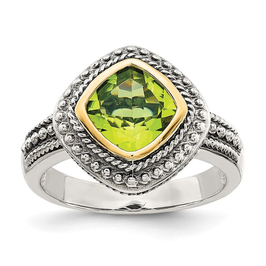 14K/Silver Two Tone Shey Couture Sterling Silver With 14K Accent Antiqued Cushion Bezel Peridot Ring