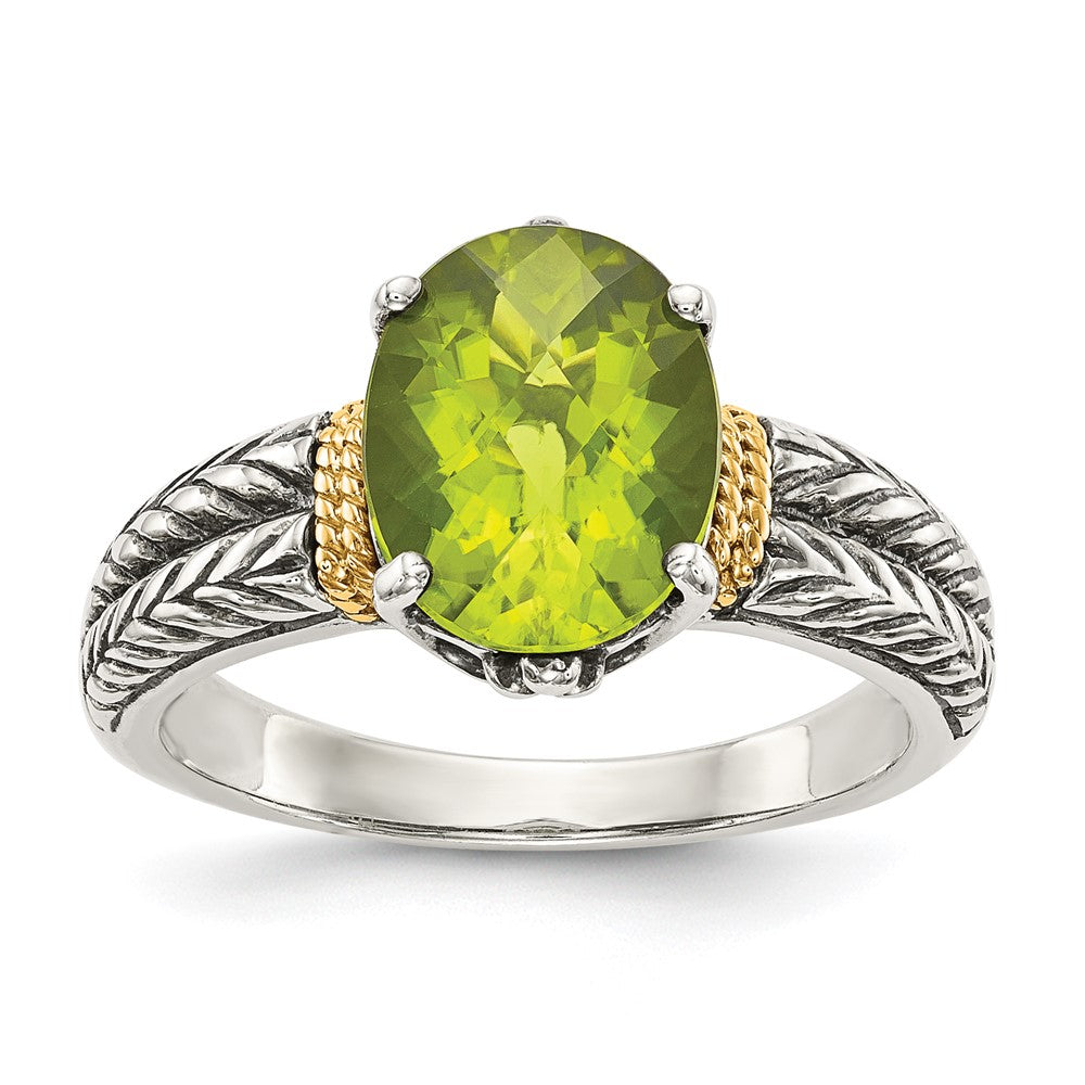 14K/Silver Two Tone Shey Couture Sterling Silver With 14K Accent Antiqued Oval Peridot Ring