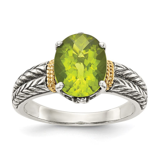 14K/Silver Two Tone Shey Couture Sterling Silver With 14K Accent Antiqued Oval Peridot Ring