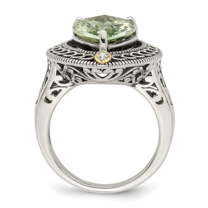 14K/Silver Two Tone Shey Couture Sterling Silver With 14K Accent Antiqued Diamond And Pear Shaped Green Quartz Ring