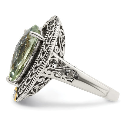 14K/Silver Two Tone Shey Couture Sterling Silver With 14K Accent Antiqued Diamond And Pear Shaped Green Quartz Ring