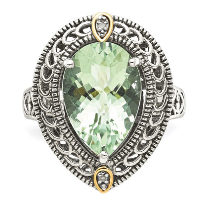 14K/Silver Two Tone Shey Couture Sterling Silver With 14K Accent Antiqued Diamond And Pear Shaped Green Quartz Ring