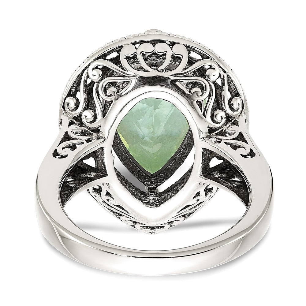 14K/Silver Two Tone Shey Couture Sterling Silver With 14K Accent Antiqued Diamond And Pear Shaped Green Quartz Ring