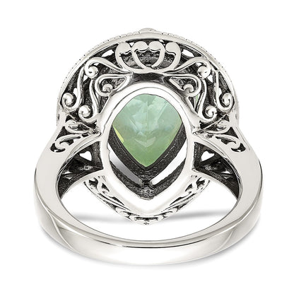 14K/Silver Two Tone Shey Couture Sterling Silver With 14K Accent Antiqued Diamond And Pear Shaped Green Quartz Ring