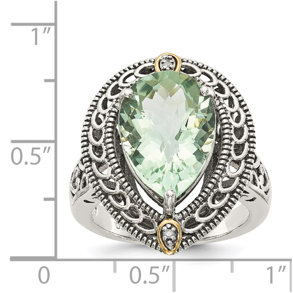 14K/Silver Two Tone Shey Couture Sterling Silver With 14K Accent Antiqued Diamond And Pear Shaped Green Quartz Ring