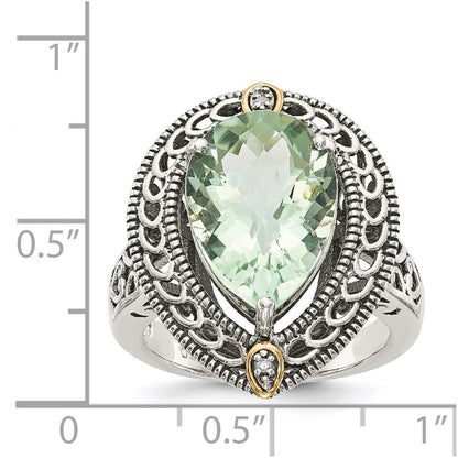 14K/Silver Two Tone Shey Couture Sterling Silver With 14K Accent Antiqued Diamond And Pear Shaped Green Quartz Ring