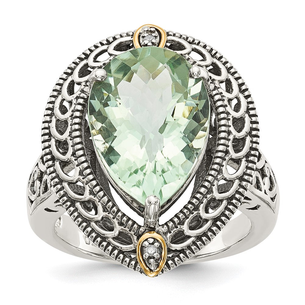 14K/Silver Two Tone Shey Couture Sterling Silver With 14K Accent Antiqued Diamond And Pear Shaped Green Quartz Ring