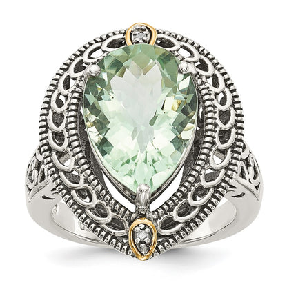 14K/Silver Two Tone Shey Couture Sterling Silver With 14K Accent Antiqued Diamond And Pear Shaped Green Quartz Ring