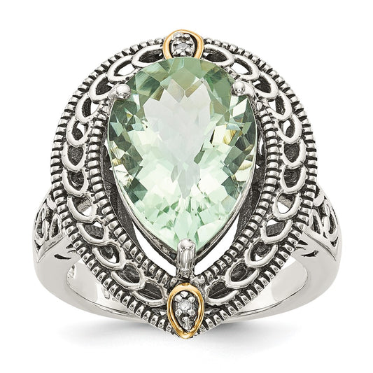 14K/Silver Two Tone Shey Couture Sterling Silver With 14K Accent Antiqued Diamond And Pear Shaped Green Quartz Ring
