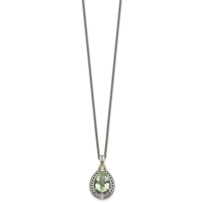 14K/Silver Two Tone Shey Couture Sterling Silver With 14K Accent 18 Inch Antiqued Diamond And Pear Shaped Green Quartz Necklace