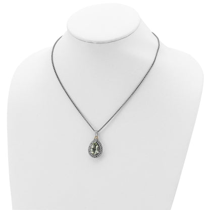 14K/Silver Two Tone Shey Couture Sterling Silver With 14K Accent 18 Inch Antiqued Diamond And Pear Shaped Green Quartz Necklace