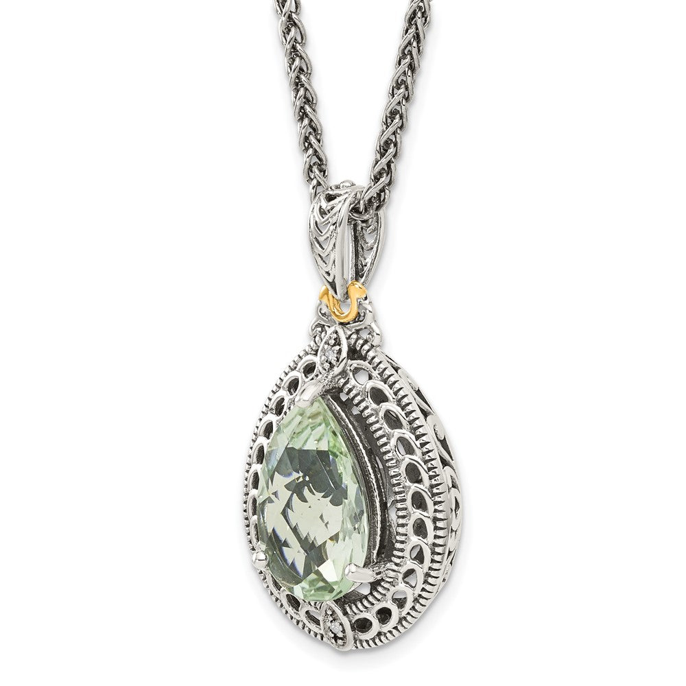 14K/Silver Two Tone Shey Couture Sterling Silver With 14K Accent 18 Inch Antiqued Diamond And Pear Shaped Green Quartz Necklace