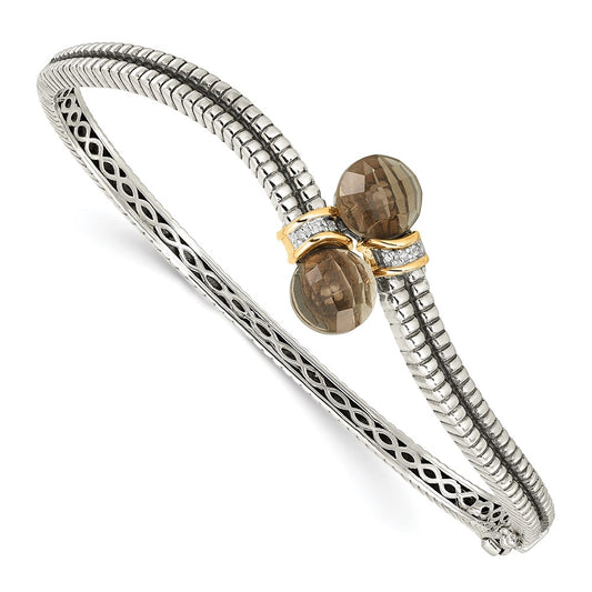 14K/Silver Two Tone Shey Couture Sterling Silver With 14K Accent Antiqued Smoky Quartz And Diamond Bangle Bracelet