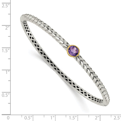 14K/Silver Two Tone Shey Couture Sterling Silver Antiqued With 14K Accent Round Bezel Amethyst Hinged Bangle Bracelet