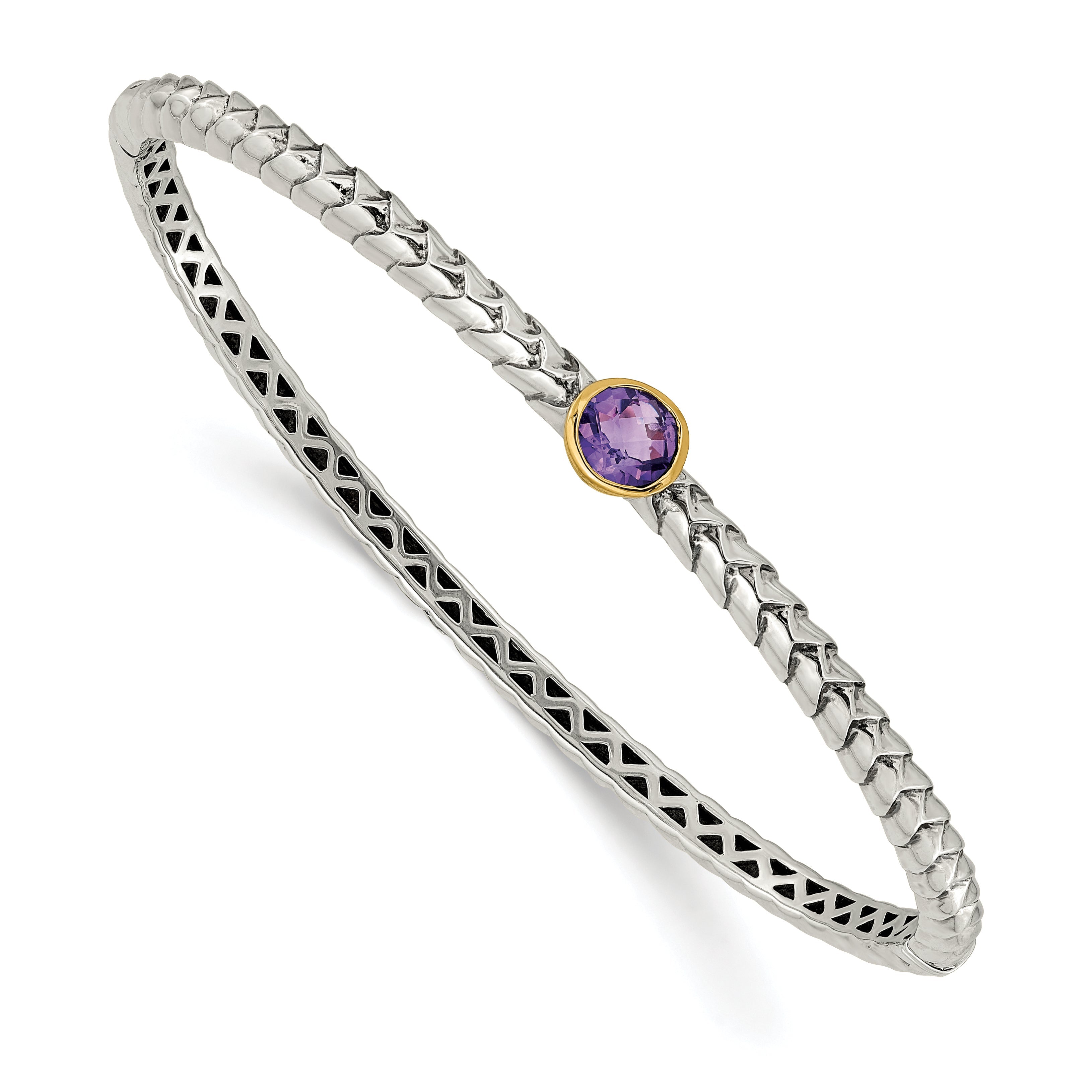 14K/Silver Two Tone Shey Couture Sterling Silver Antiqued With 14K Accent Round Bezel Amethyst Hinged Bangle Bracelet