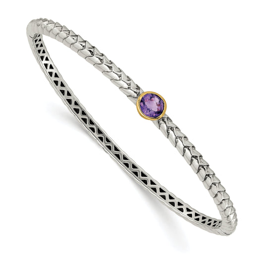 14K/Silver Two Tone Shey Couture Sterling Silver Antiqued With 14K Accent Round Bezel Amethyst Hinged Bangle Bracelet