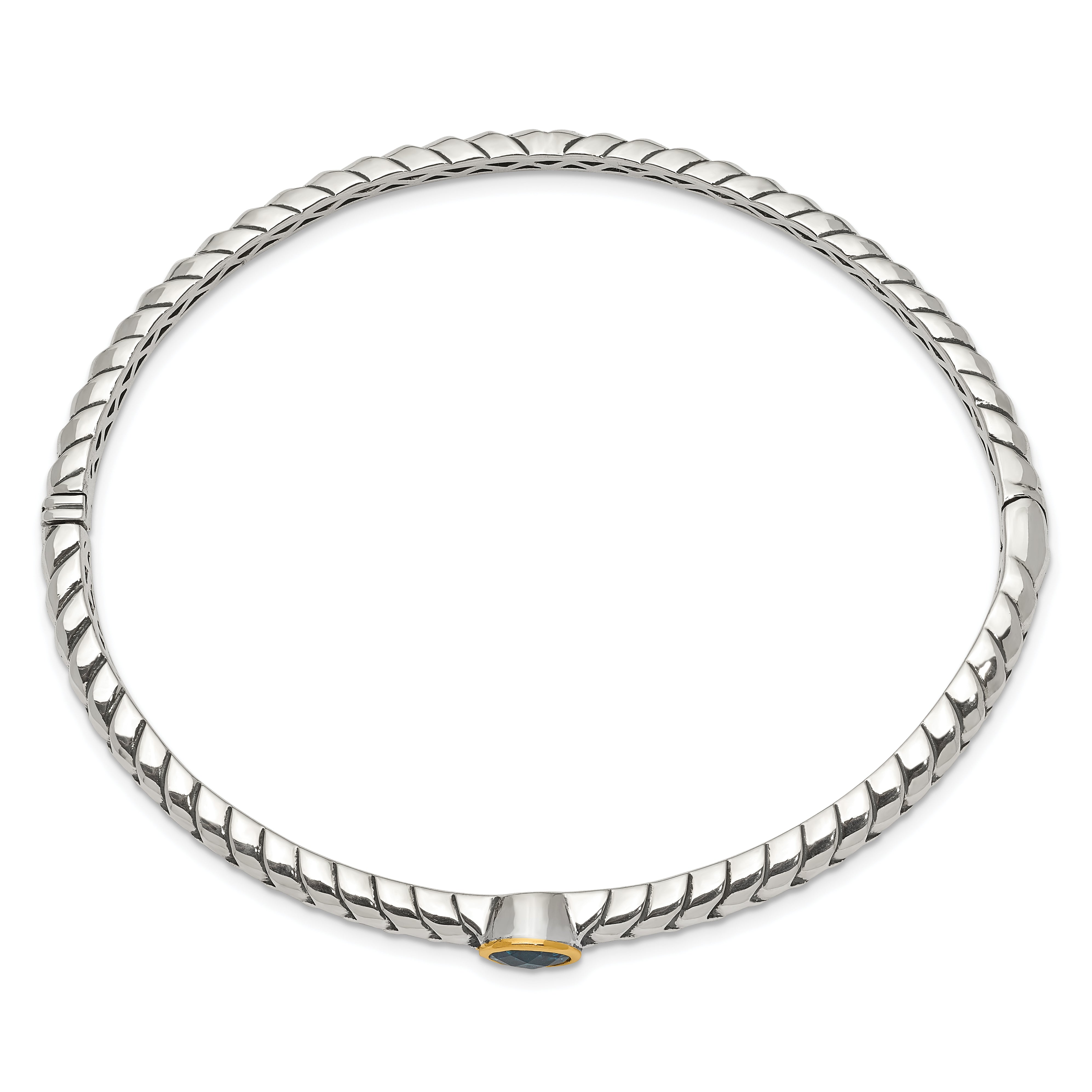 14K/Silver Two Tone Shey Couture Sterling Silver Antiqued With 14K Accent Round Bezel Blue Topaz Bangle Bracelet