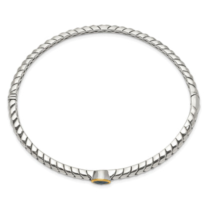 14K/Silver Two Tone Shey Couture Sterling Silver Antiqued With 14K Accent Round Bezel Blue Topaz Bangle Bracelet