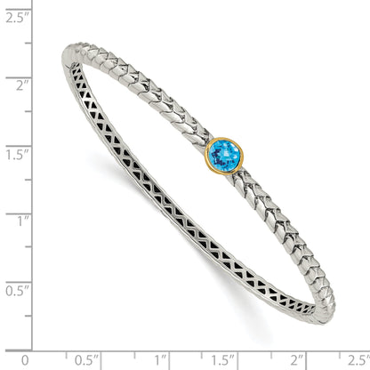 14K/Silver Two Tone Shey Couture Sterling Silver Antiqued With 14K Accent Round Bezel Blue Topaz Bangle Bracelet