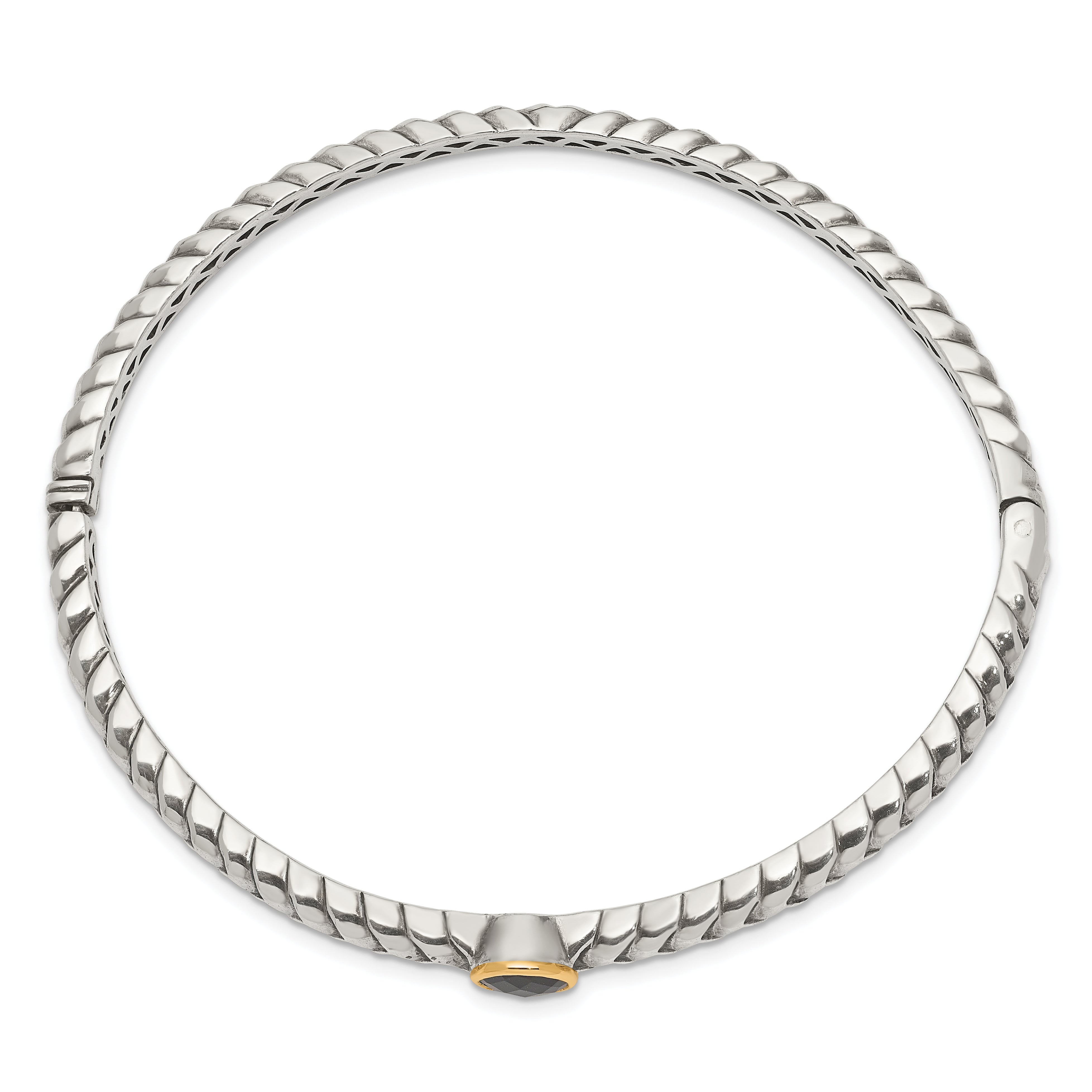 14K/Silver Two Tone Shey Couture Sterling Silver With 14K Accent Antiqued Checkerboard Cut Black Onyx Hinged Bangle Bracelet