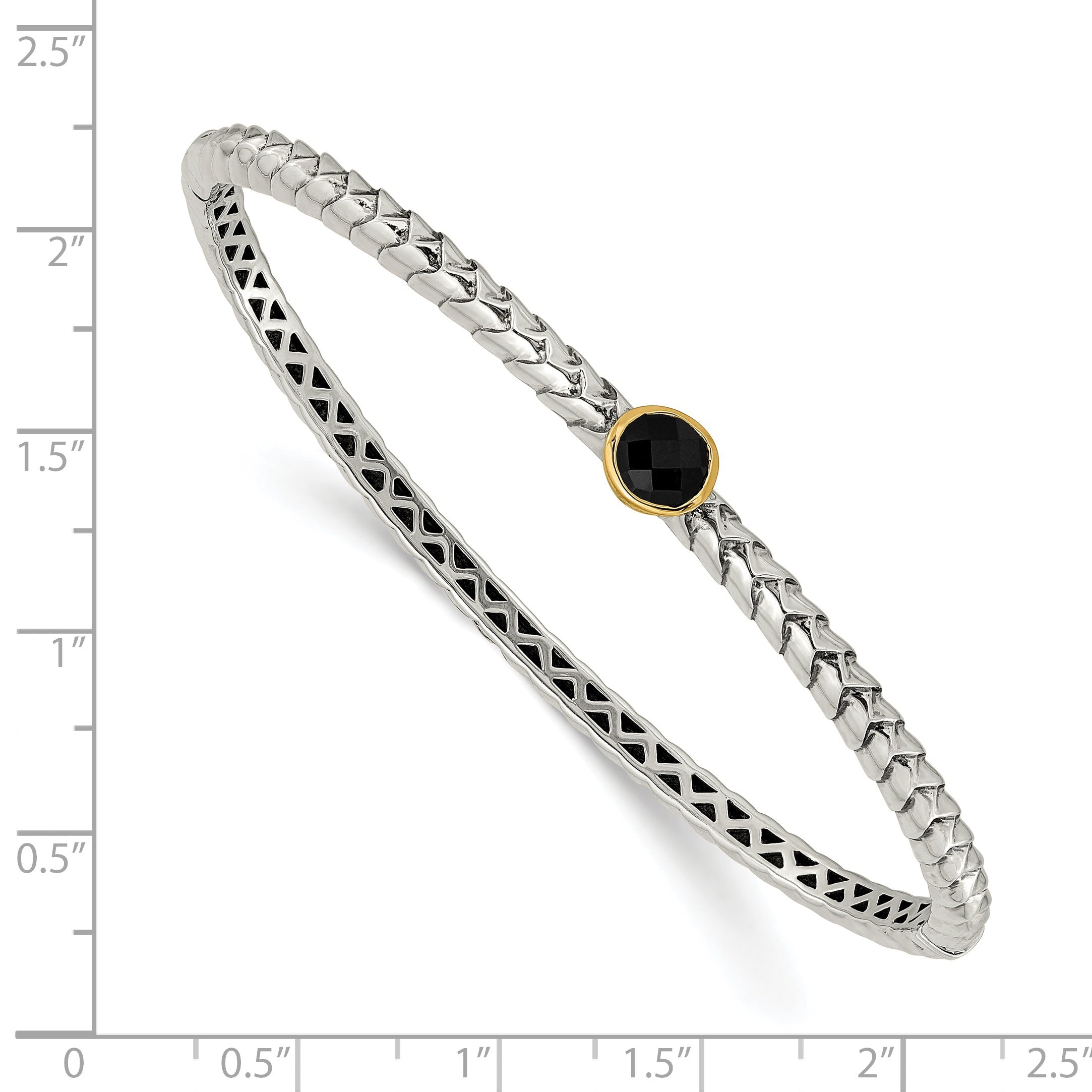 14K/Silver Two Tone Shey Couture Sterling Silver With 14K Accent Antiqued Checkerboard Cut Black Onyx Hinged Bangle Bracelet