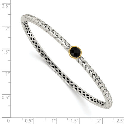 14K/Silver Two Tone Shey Couture Sterling Silver With 14K Accent Antiqued Checkerboard Cut Black Onyx Hinged Bangle Bracelet