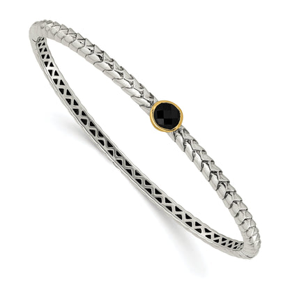 14K/Silver Two Tone Shey Couture Sterling Silver With 14K Accent Antiqued Checkerboard Cut Black Onyx Hinged Bangle Bracelet
