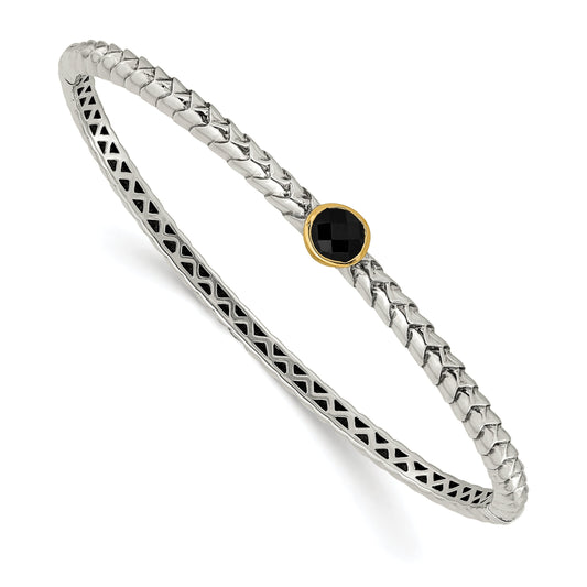 14K/Silver Two Tone Shey Couture Sterling Silver With 14K Accent Antiqued Checkerboard Cut Black Onyx Hinged Bangle Bracelet