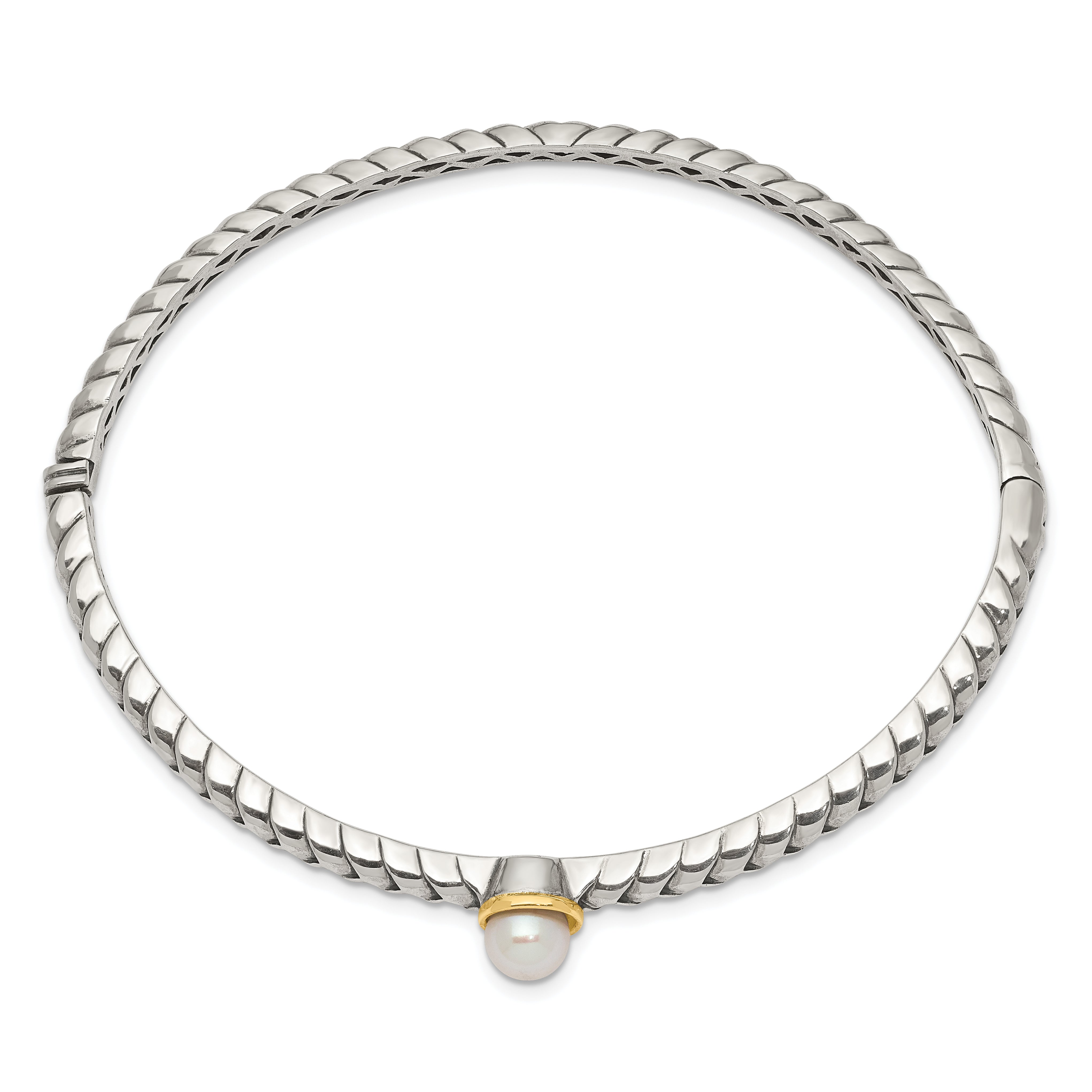 14K/Silver Two Tone Shey Couture Sterling Silver With 14K Accent 6mm Fw Cultured Pearl Hinged Bangle Bracelet