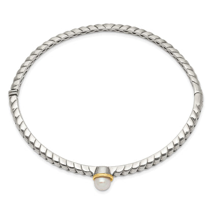 14K/Silver Two Tone Shey Couture Sterling Silver With 14K Accent 6mm Fw Cultured Pearl Hinged Bangle Bracelet