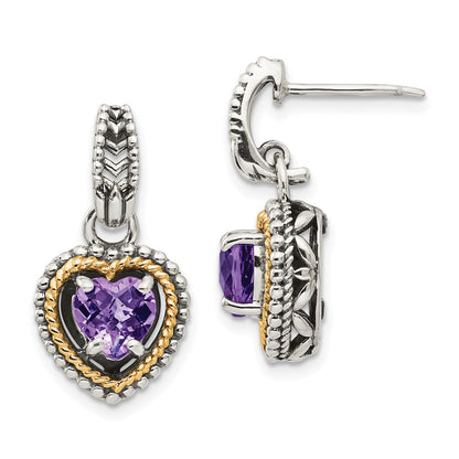 14K/Silver Two Tone Shey Couture Sterling Silver With 14K Accent Antiqued Amethyst Heart Post Dangle Earrings