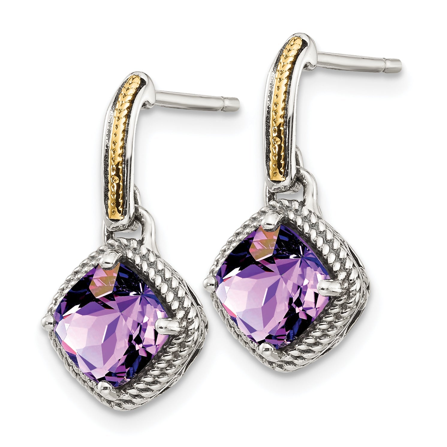 14K/Silver Two Tone Shey Couture Sterling Silver With 14K Accent Antiqued Cushion Amethyst Post Dangle Earrings