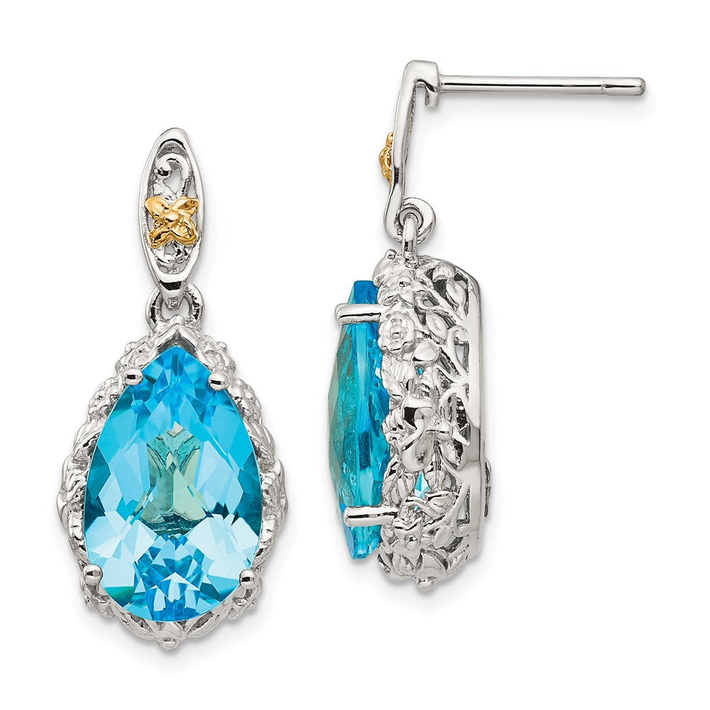 14K/Silver Two Tone Shey Couture Sterling Silver Rhodium Plated With 14K Accent Pear Shaped Blue Topaz Post Dangle Earrings