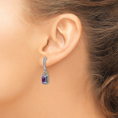 14K/Silver Two Tone Shey Couture Sterling Silver With 14K Accent Antiqued Cushion Amethyst Post Dangle Earrings