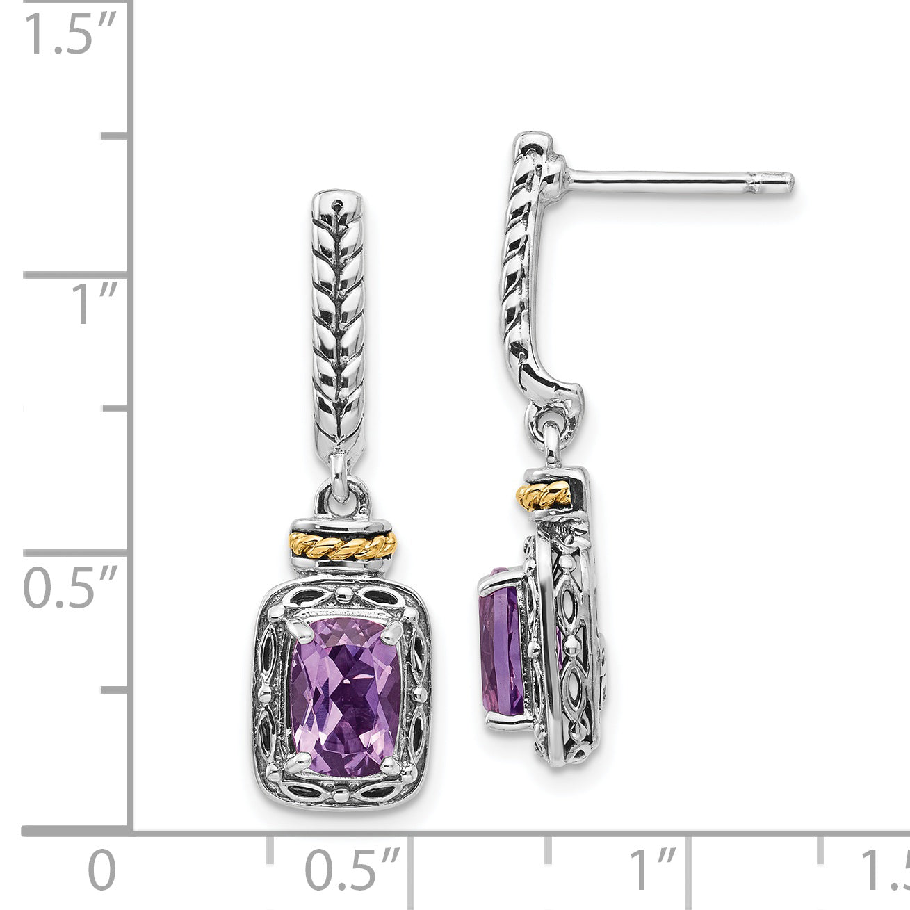14K/Silver Two Tone Shey Couture Sterling Silver With 14K Accent Antiqued Cushion Amethyst Post Dangle Earrings