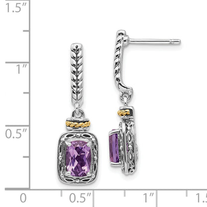 14K/Silver Two Tone Shey Couture Sterling Silver With 14K Accent Antiqued Cushion Amethyst Post Dangle Earrings